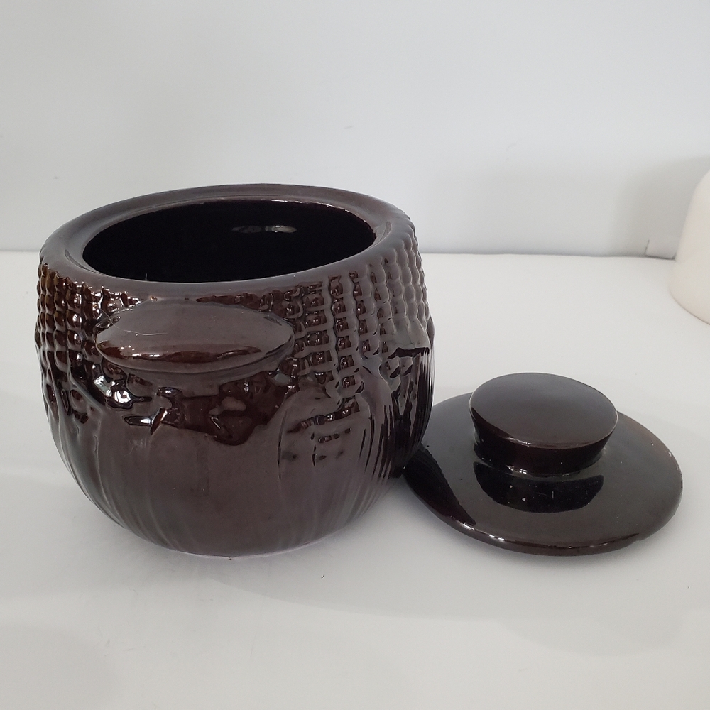 Rare Royal Canadian Art Pottery 1 Qt Brown Corn Cob Theme Bean Crock w/Lid - Picture 3 of 11
